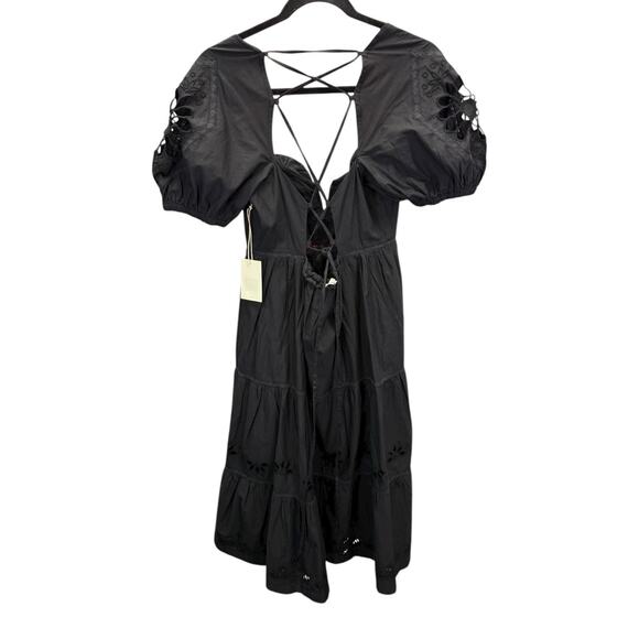 NWT Tularosa x Revolve Black Cotton Midi Dress Puff Sleeves Open Lace-Up Back S - Picture 6 of 8